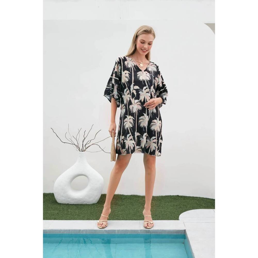 NEW TELA LUXURY MERCANTILE palm paradise short dress in black